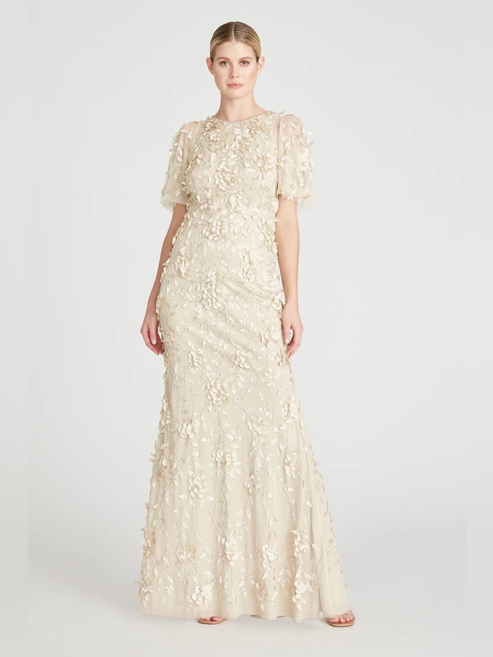 Theia Cream Floral Appliqué Maxi Dress